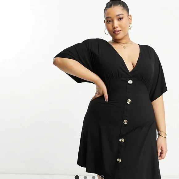 ASOS Design Curve flutter sleeve mini tea dress with buttons in Black